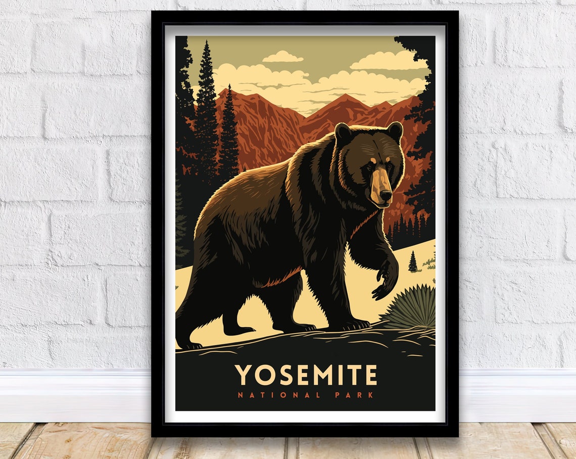 Yosemite National Park Bear Mountain Pine Forest Wildlife Poster