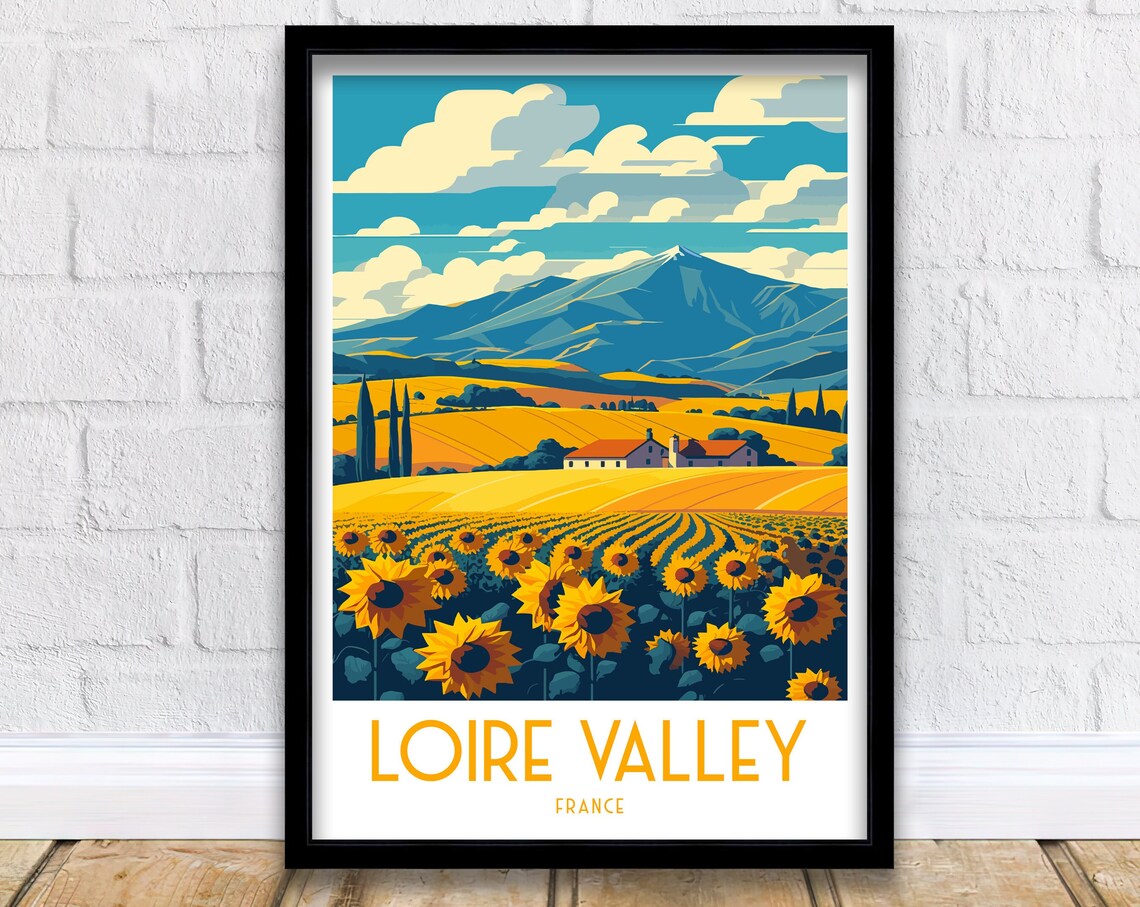 Loire Valley France Sunflower Fields Golden Hills Travel Poster