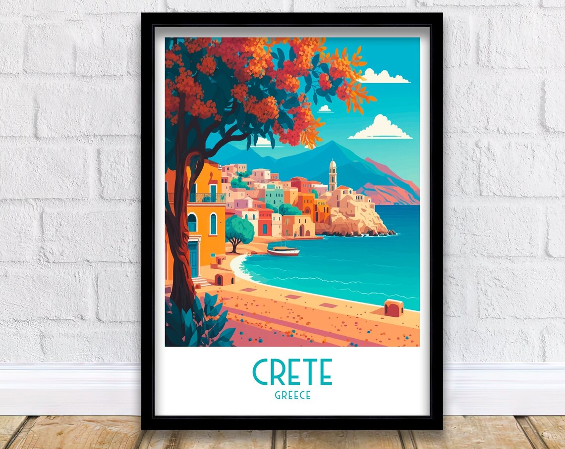 Crete Greece Coastal Village Seafront Harbor Art Travel Poster
