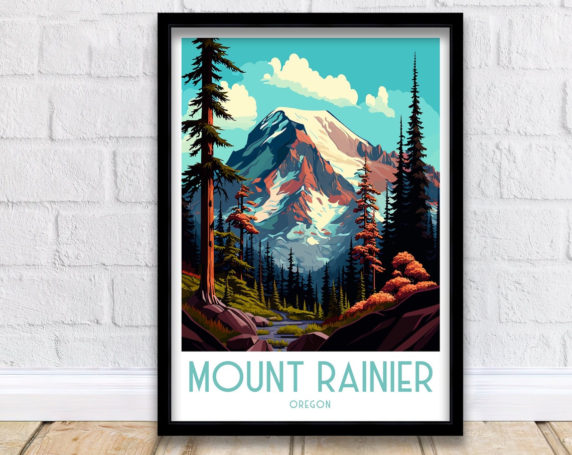 Mount Rainier Oregon Snow Capped Peak Pine Forest Mountain View Poster