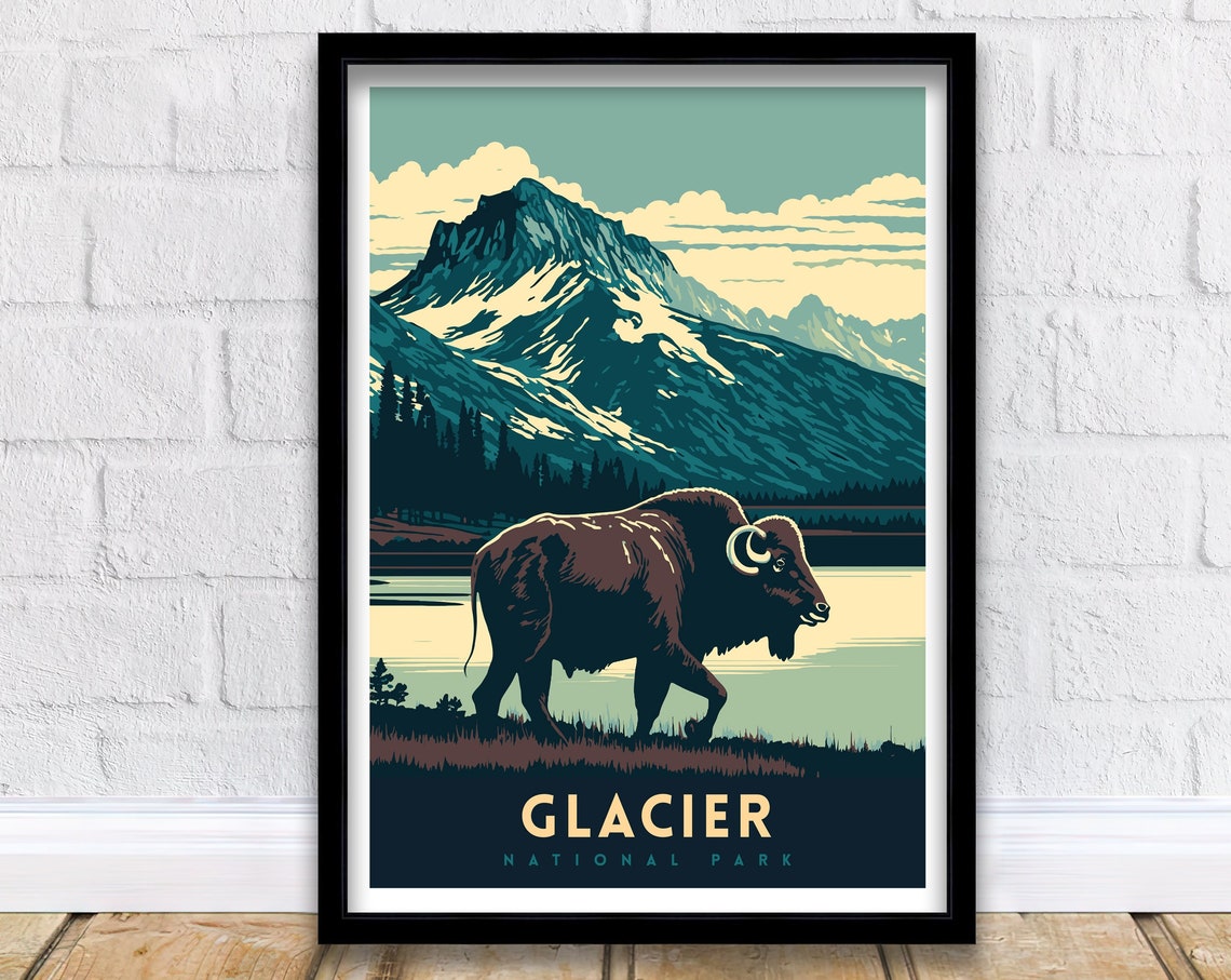 Glacier National Park Bison Mountain Lake Retro Wildlife Poster