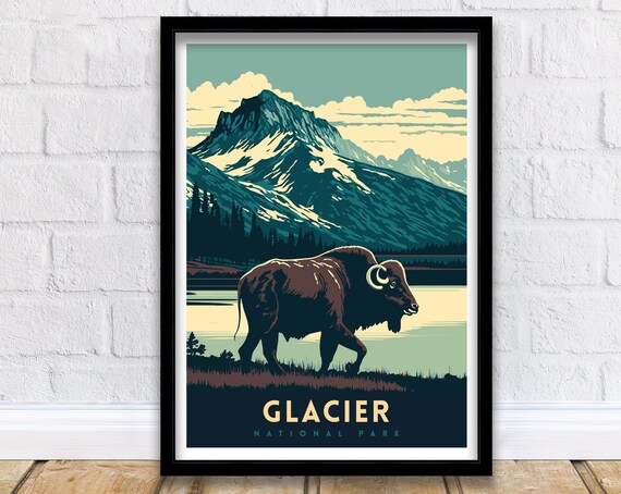 Glacier National Park Bison Mountain Lake Retro Wildlife Poster