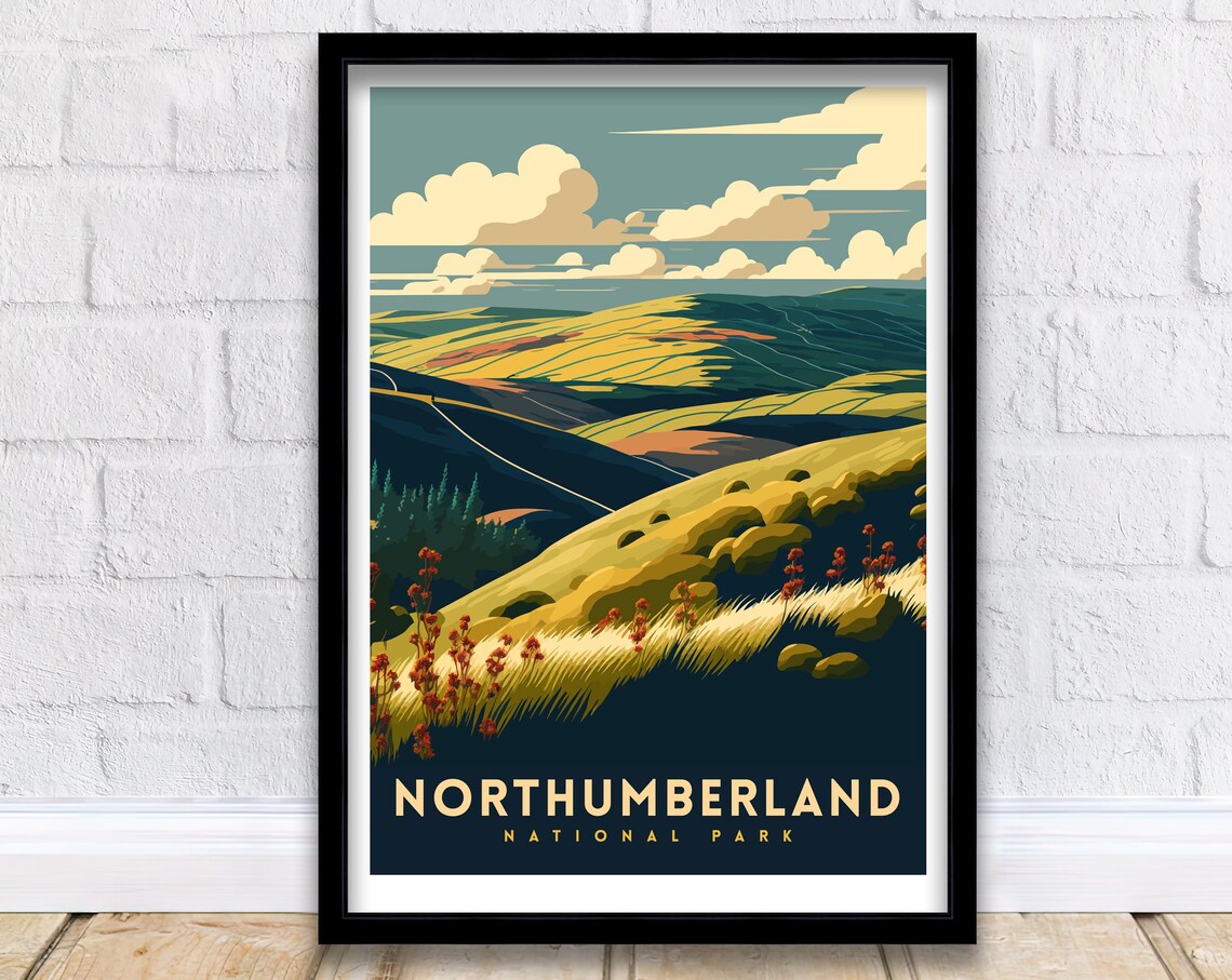 Northumberland National Park Rolling Hills Wildflowers Vintage Travel Poster