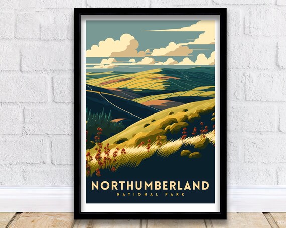 Northumberland National Park Rolling Hills Wildflowers Vintage Travel Poster