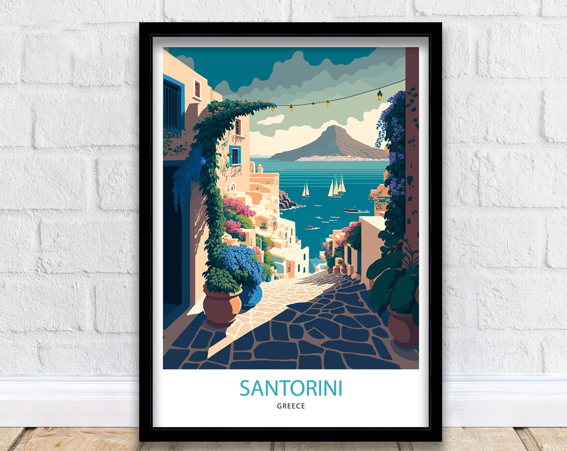 Santorini Greece Coastal Village Flower Lane Seascape Art Poster