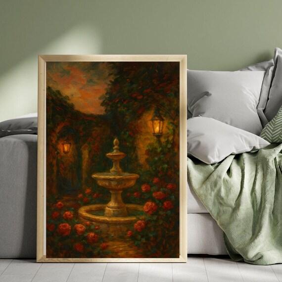 Vintage Garden Oil Painting Stone Fountain Roses Evening Art Poster