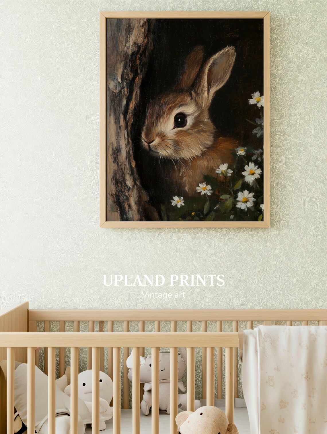 Brown Bunny Peeking From Tree Hollow With Daisies Vintage Rabbit Art Poster - Image 3
