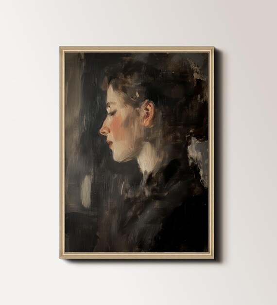 Moody Woman Profile Portrait In Dark Tones Vintage Painting Poster