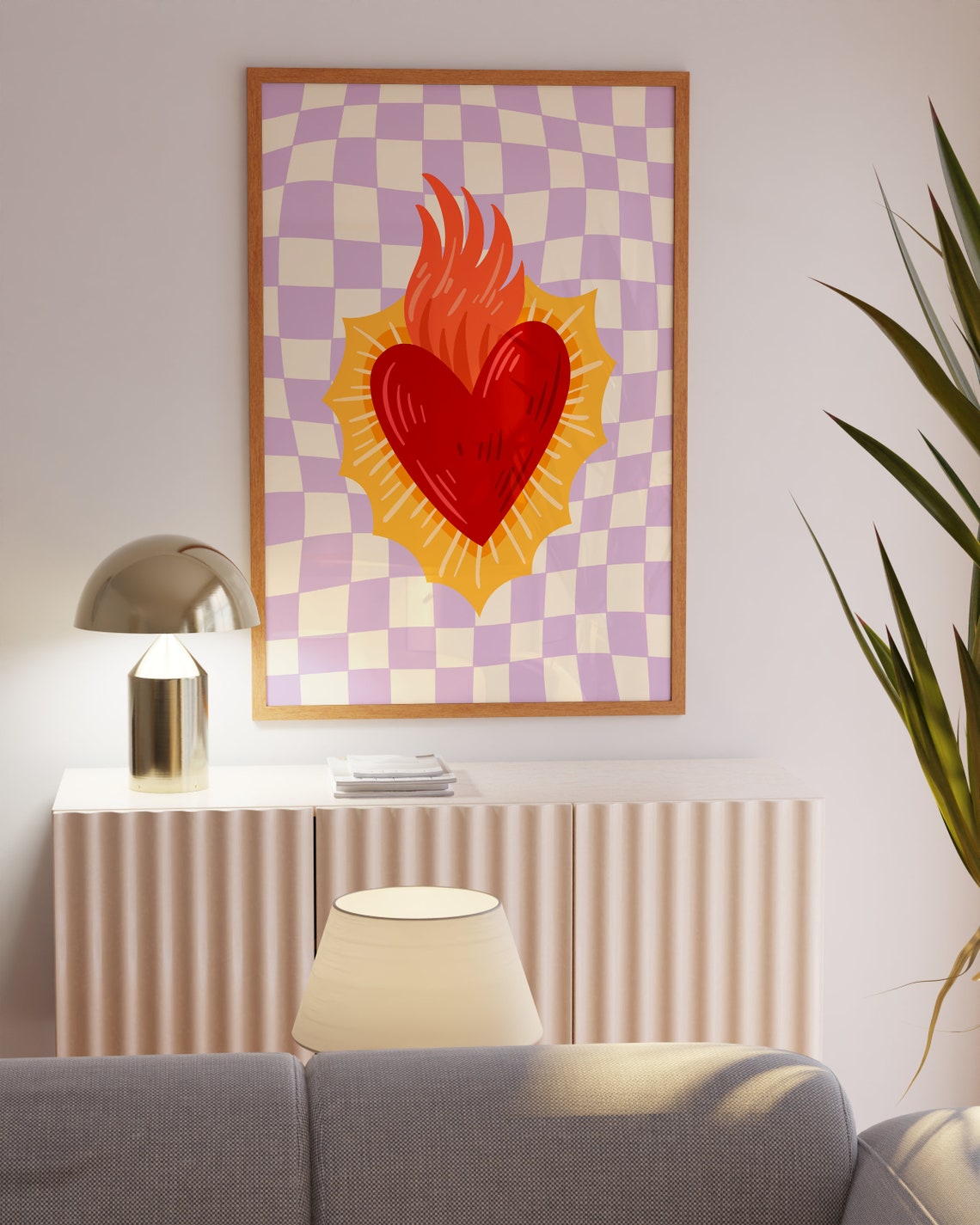 Flaming Sacred Heart On Purple Checkerboard Boho Style Art Print - Image 6