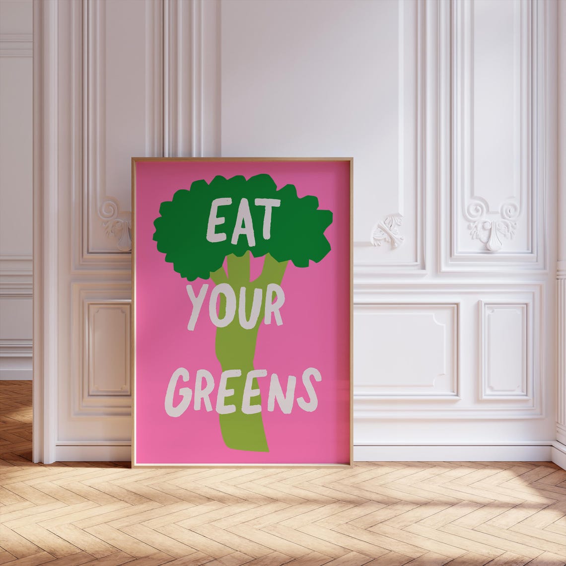 Eat Your Greens Broccoli Illustration Pink Kitchen Quote Poster