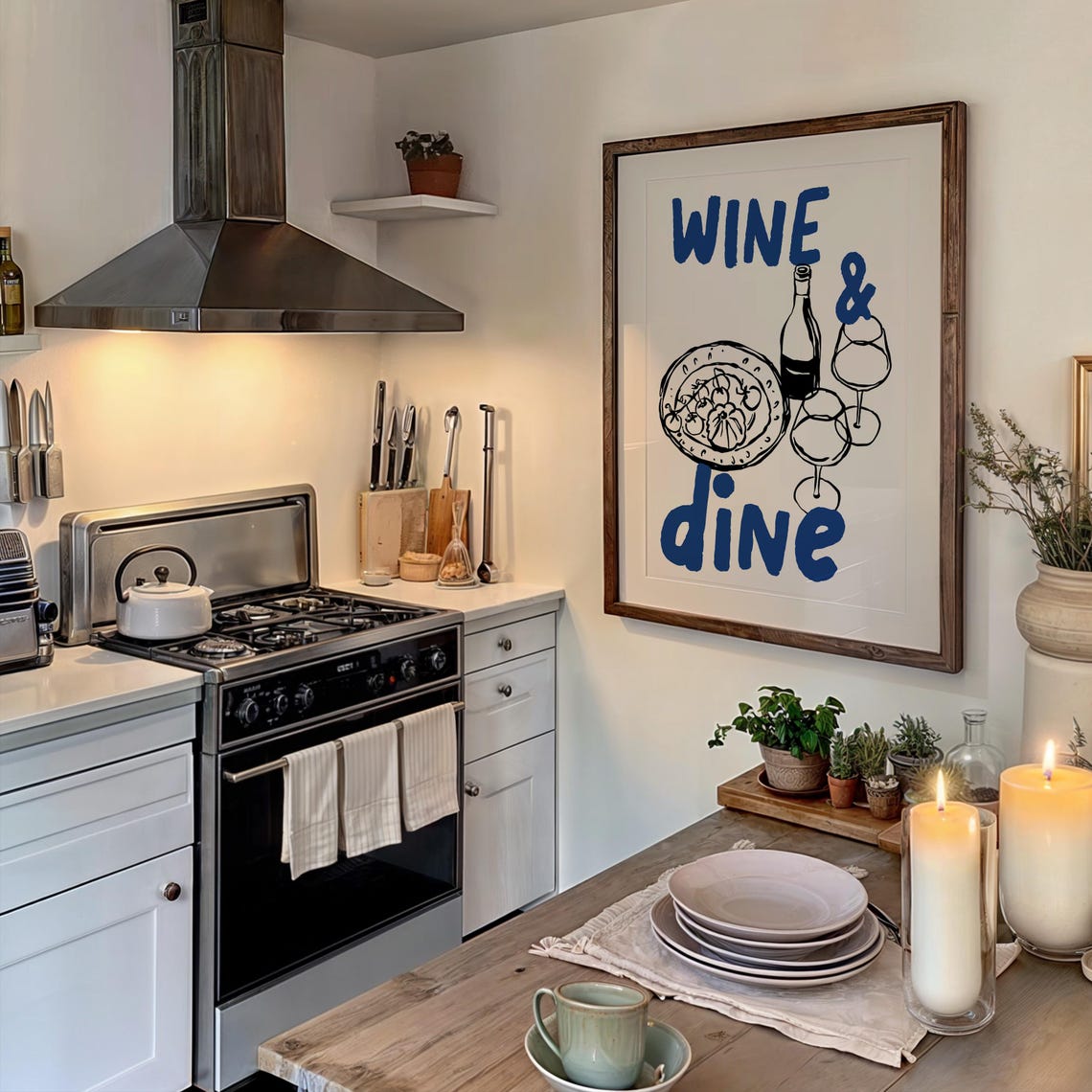 Wine and Dine Blue Ink Bottle Glasses Sketch Kitchen Party Poster - Image 3