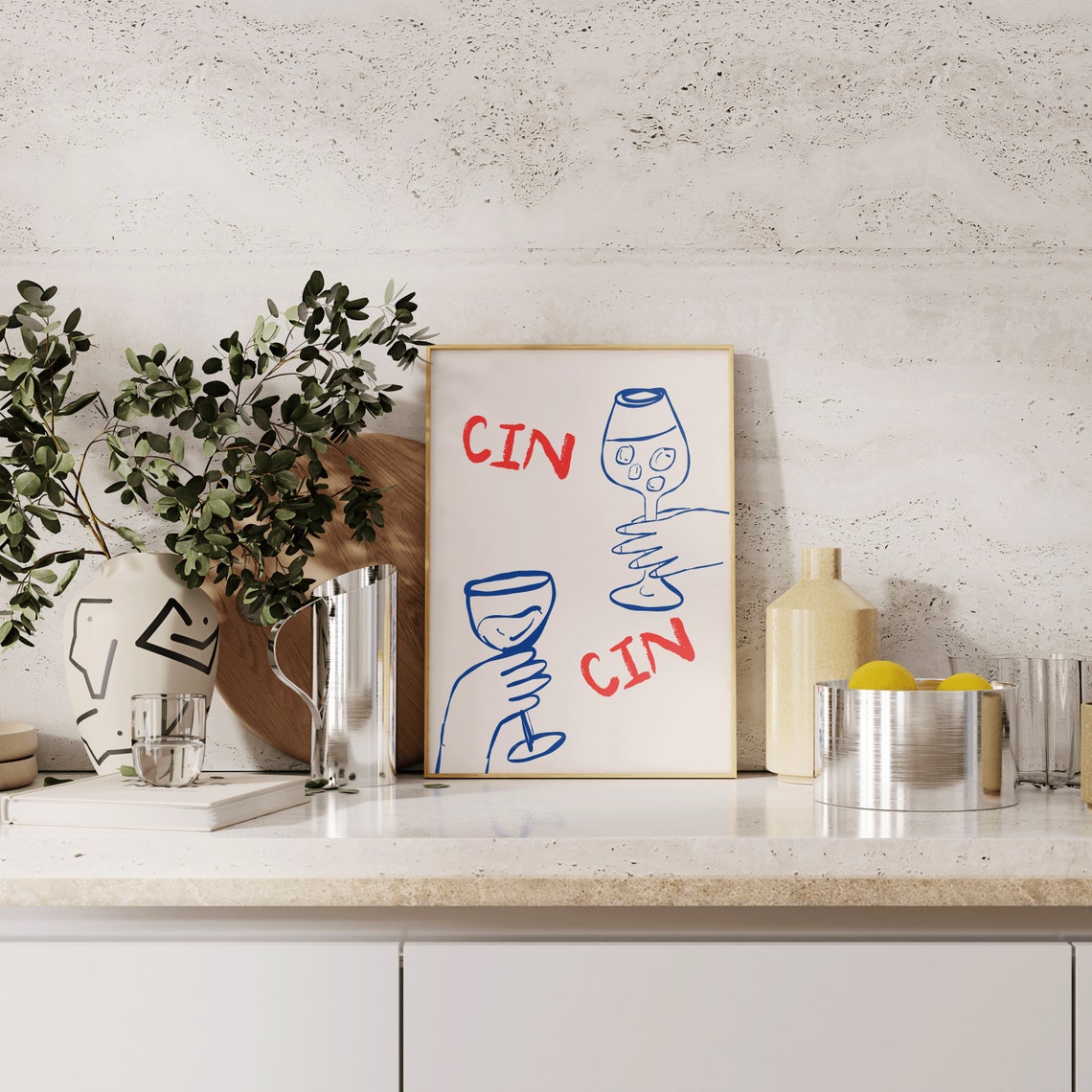Cin Cin Cheers Toast Wine Glasses Hand Drawn Kitchen Bar Wall Art - Image 4