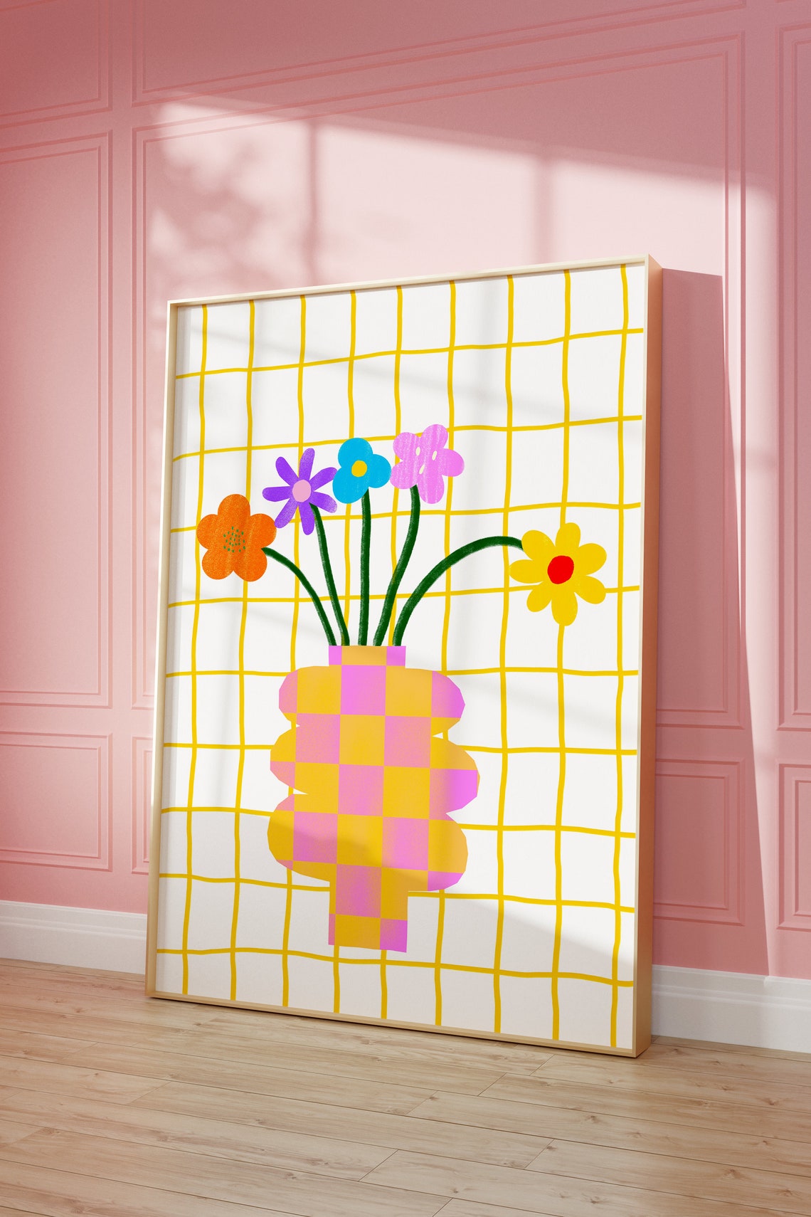 Colorful Wildflowers in Checkered Vase on Yellow Grid Poster - Image 4