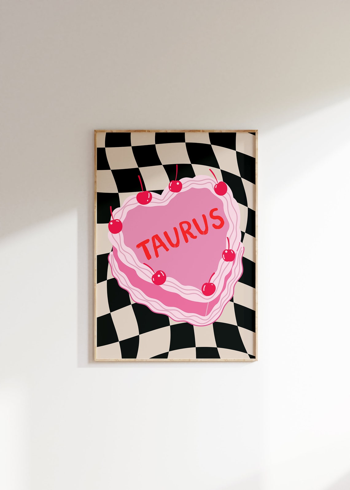Taurus Pink Heart Cake Cherry On Black Checkerboard Zodiac Poster