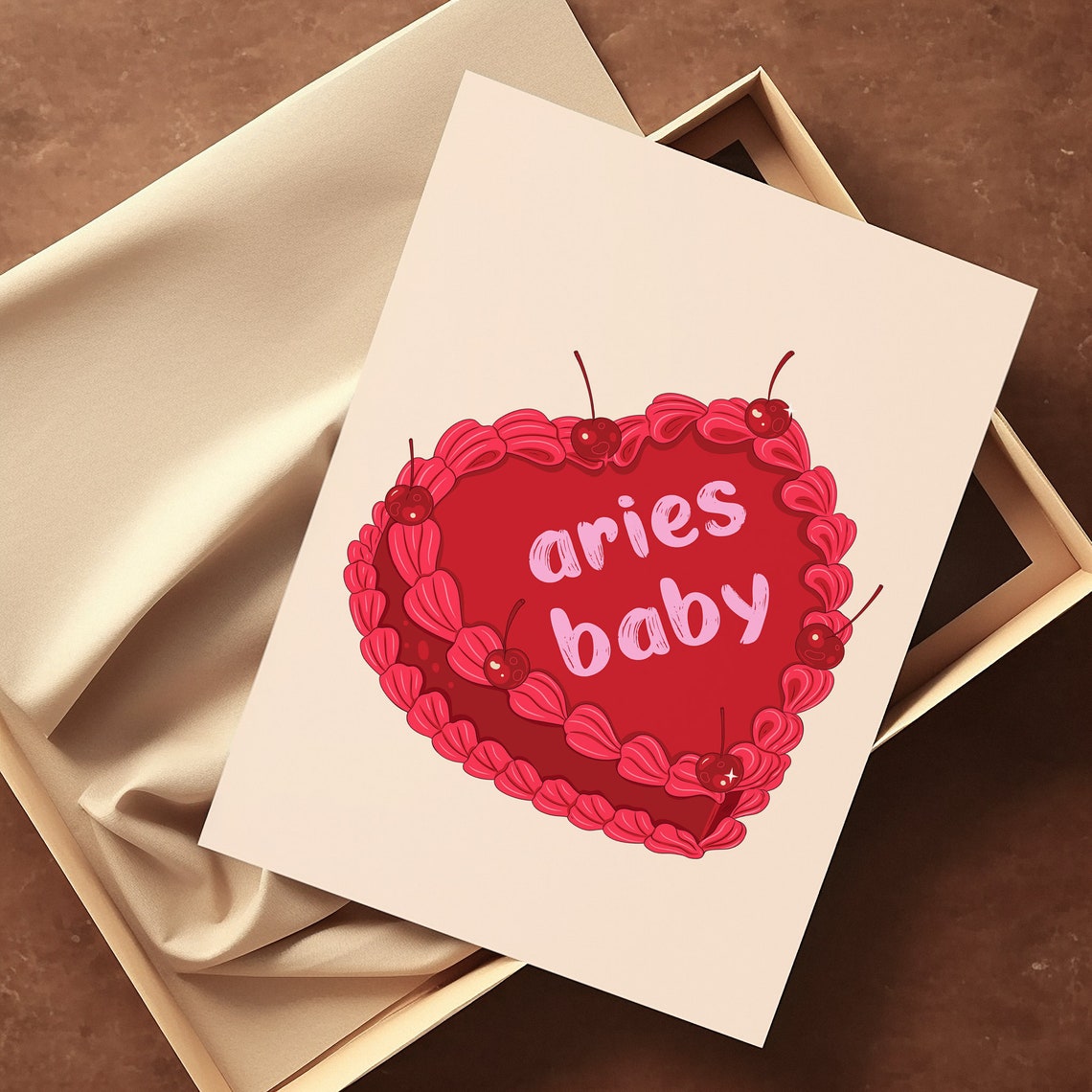 Aries Baby Red Vintage Heart Cake With Cherries Zodiac Wall Art - Image 2