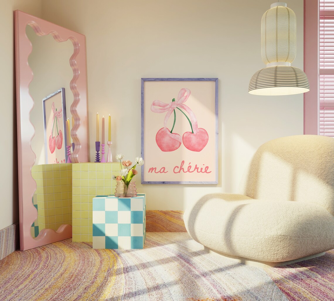 Ma Cherie Pink Watercolor Cherries With Bow Coquette Wall Art - Image 5