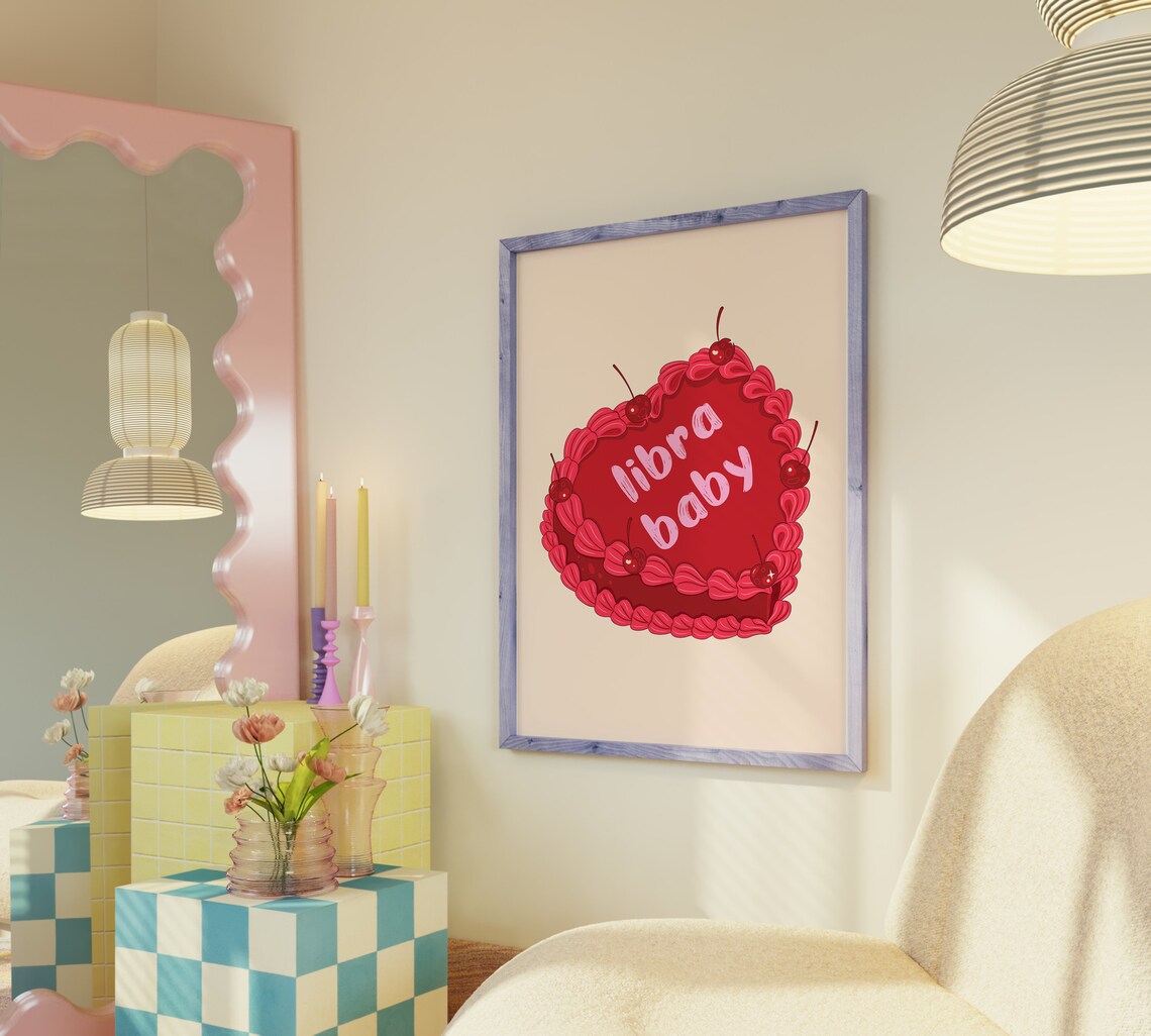 Libra Baby Red Vintage Heart Cake With Cherries Zodiac Wall Art - Image 4
