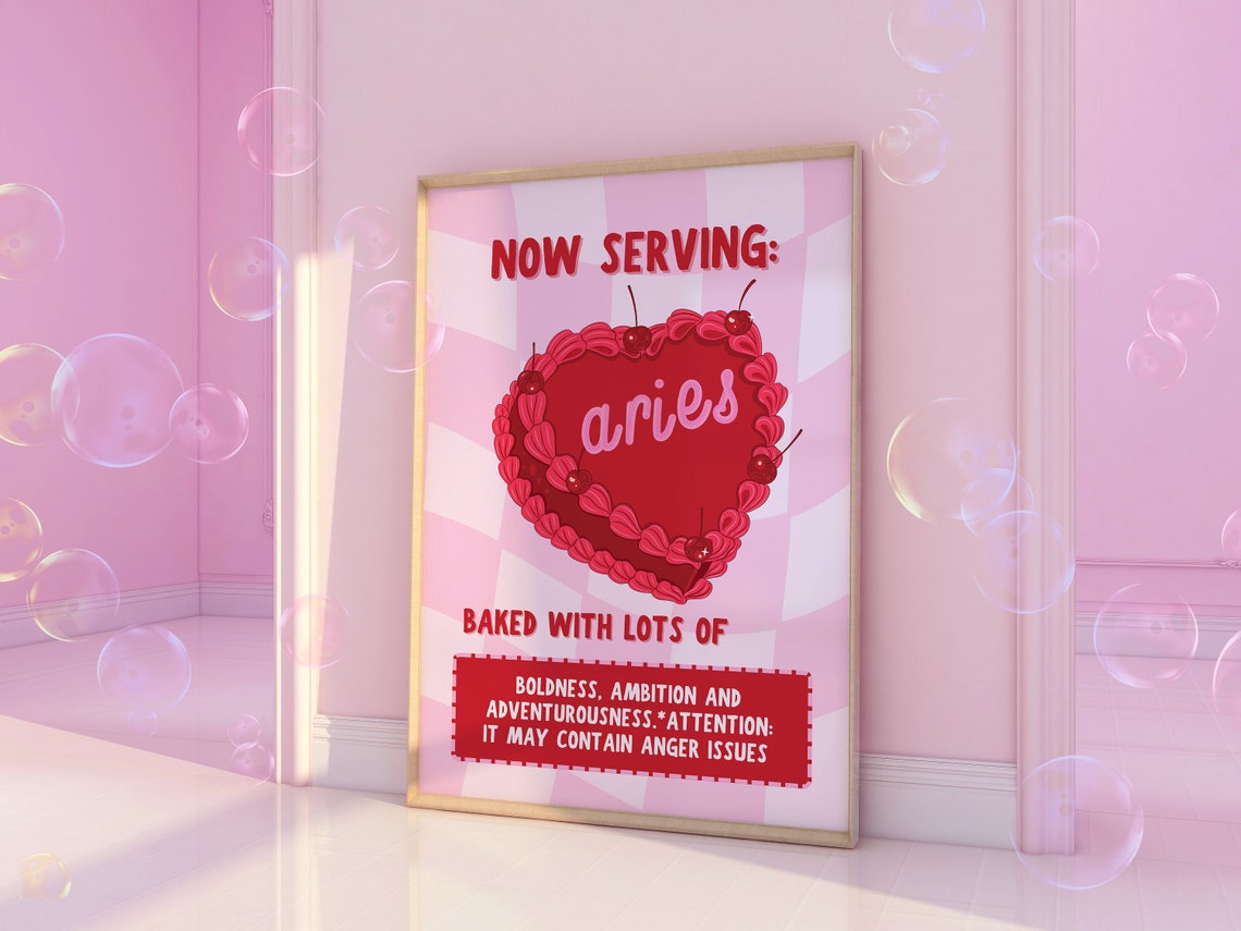 Now Serving Aries Cake Red Cherry Heart Pink Checkerboard Poster - Image 5