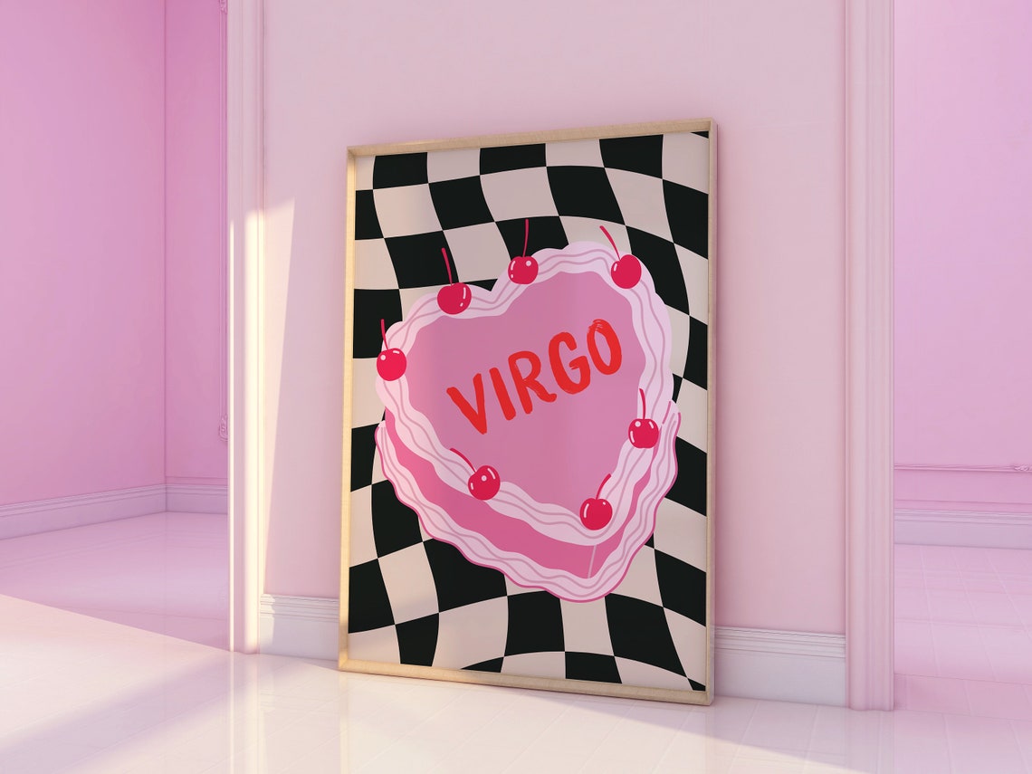 Virgo Zodiac Sign Pink Heart Cake with Cherries Checkerboard Poster - Image 2