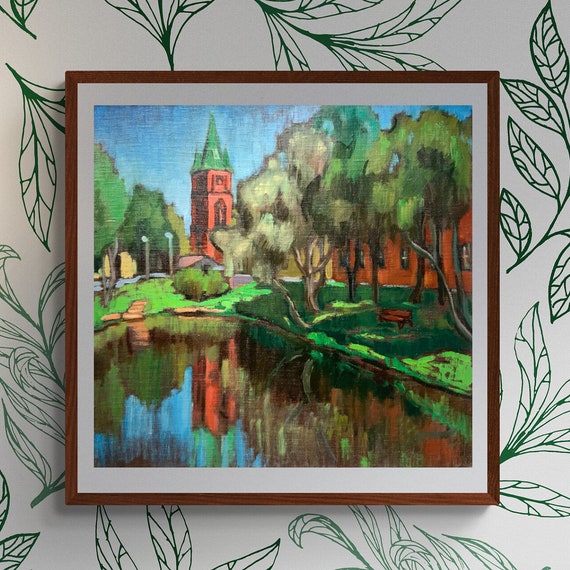 Original Landscape Oil Painting Church By The Lake 185x196