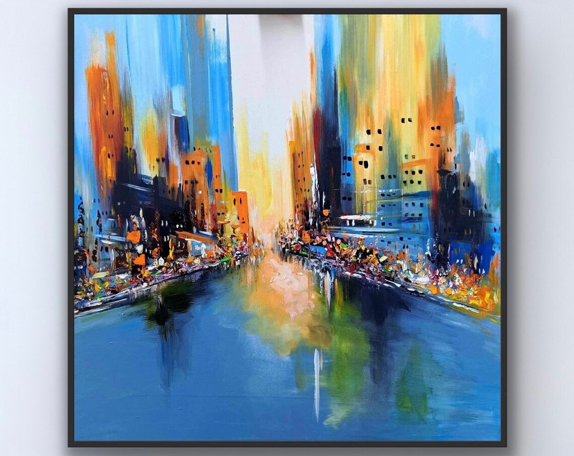 Abstract Blue City Canal Square Modern Cityscape Oil Painting Poster