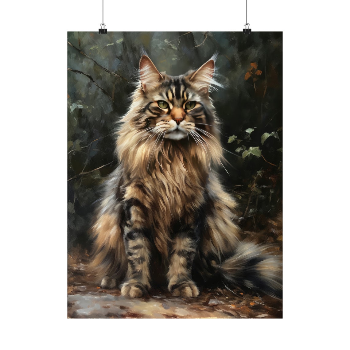 Maine Coon Cat Long Haired Tabby Portrait Painting Art Print - Image 5