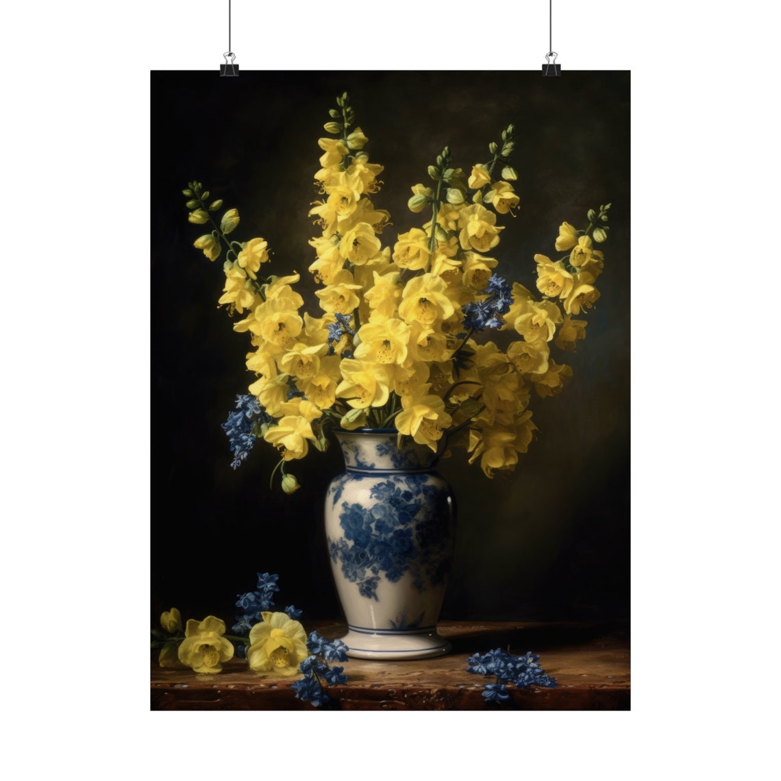 Yellow Delphinium Bouquet Blue Porcelain Vase Dark Still Life Poster - Image 5
