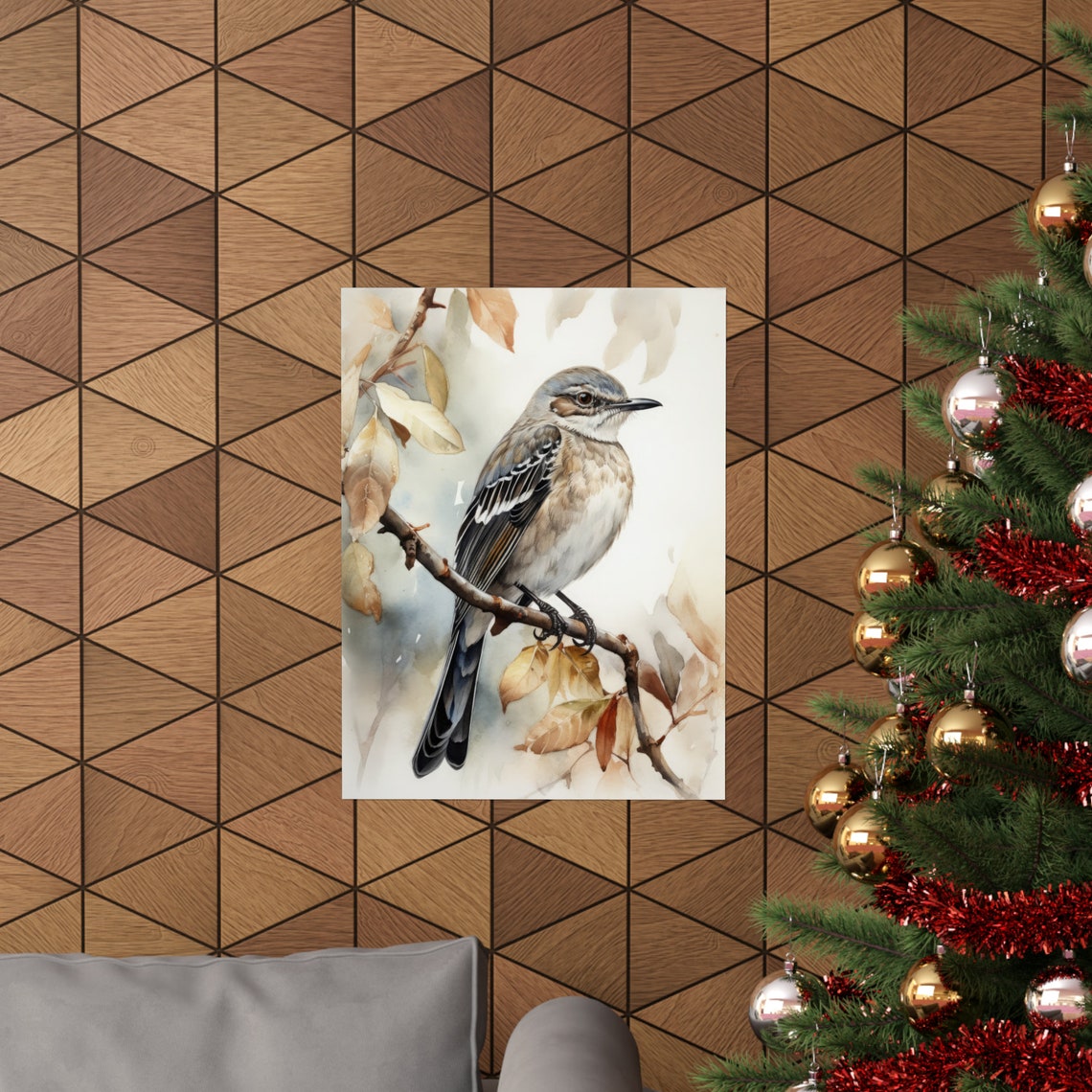 Northern Mockingbird Watercolor Perched on Branch Songbird Art Poster - Image 3
