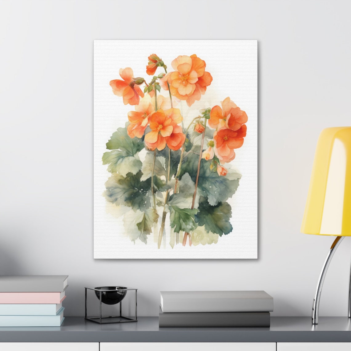 Orange Begonia Watercolor Flower Blooms Green Leaves Botanical Print - Image 4