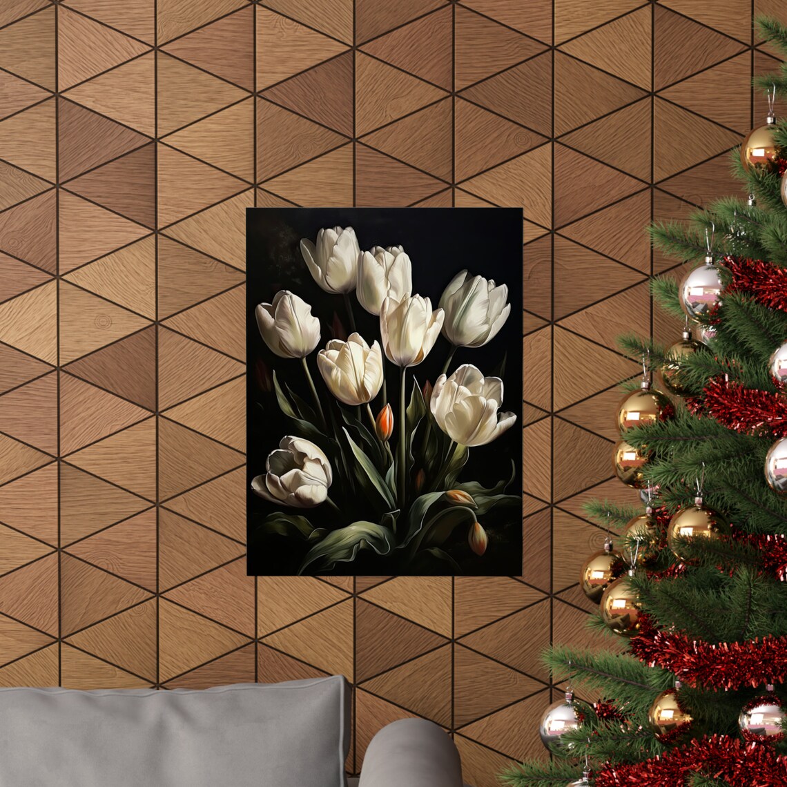 White Tulips Dark Moody Oil Painting Elegant Floral Wall Art - Image 3