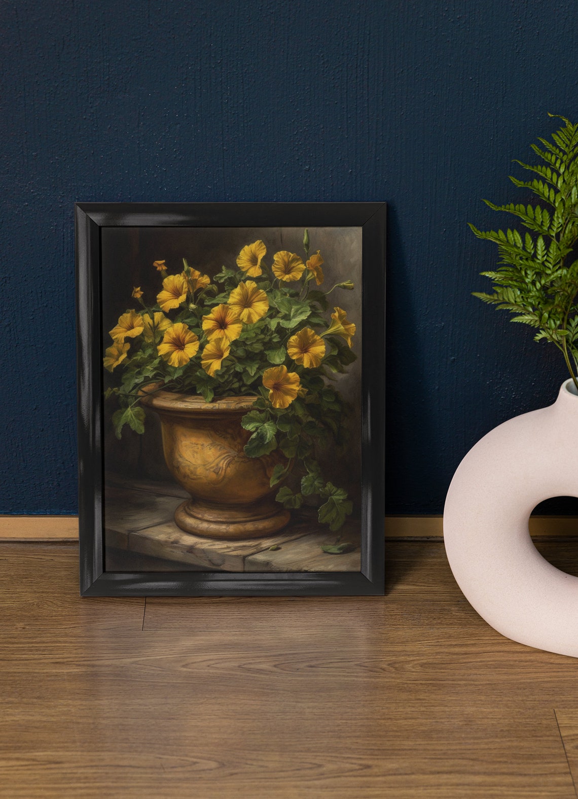 Yellow Petunias Terracotta Urn Dark Moody Floral Still Life Poster