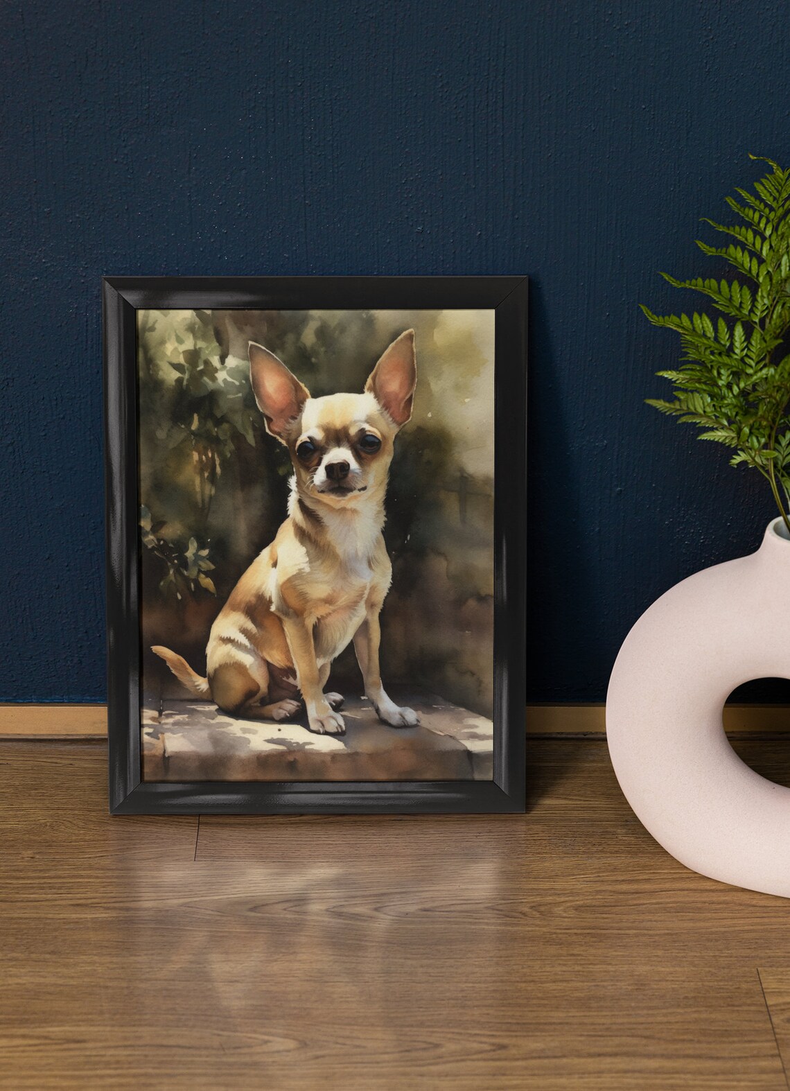 Chihuahua Dog Sitting In Sunlit Garden Watercolor Portrait Print