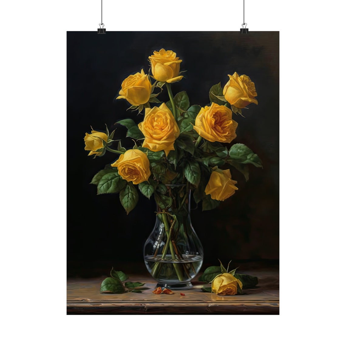 Yellow Rose Bouquet Golden Sunny Blooms Dark Still Life Art Poster - Image 5