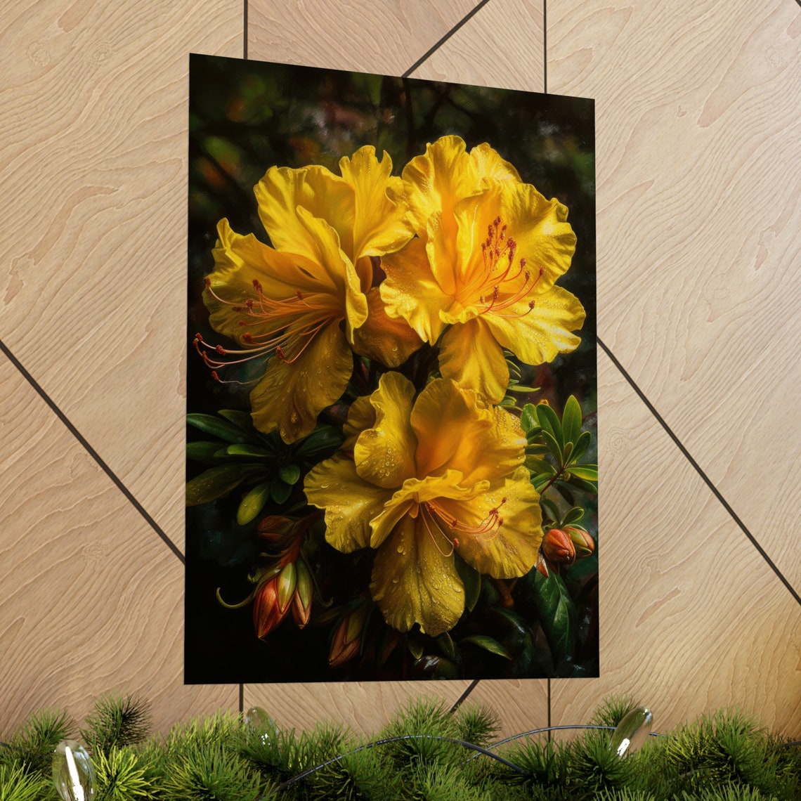 Yellow Azalea Blossoms Dramatic Dark Background Floral Art Print - Image 2