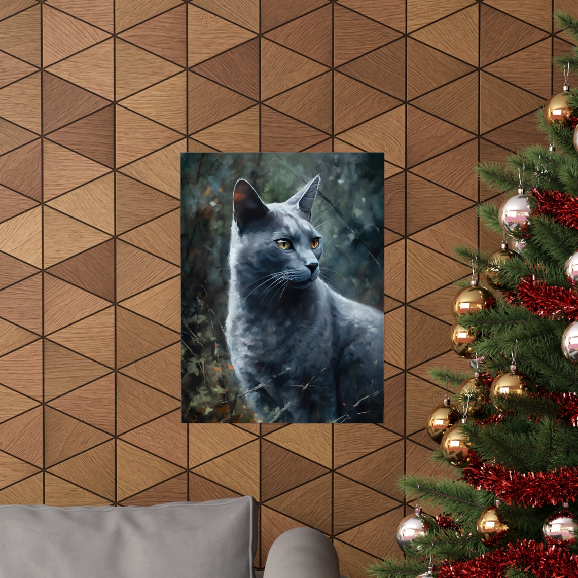 Blue Gray Cat Amber Eyes Forest Foliage Portrait Feline Art Poster - Image 3