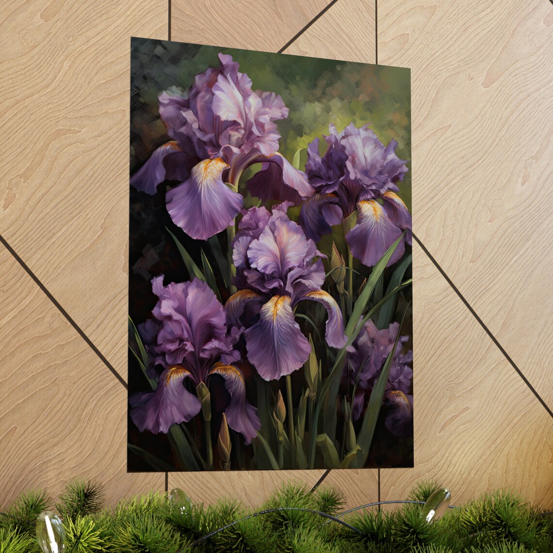 Purple Iris Flower Blossoms Botanical Oil Painting Wall Art Print - Image 2