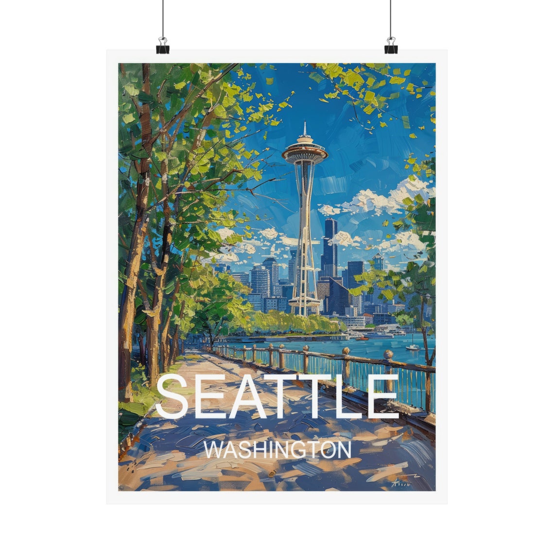 Seattle Washington Space Needle Waterfront Sunny Day Travel Poster - Image 5