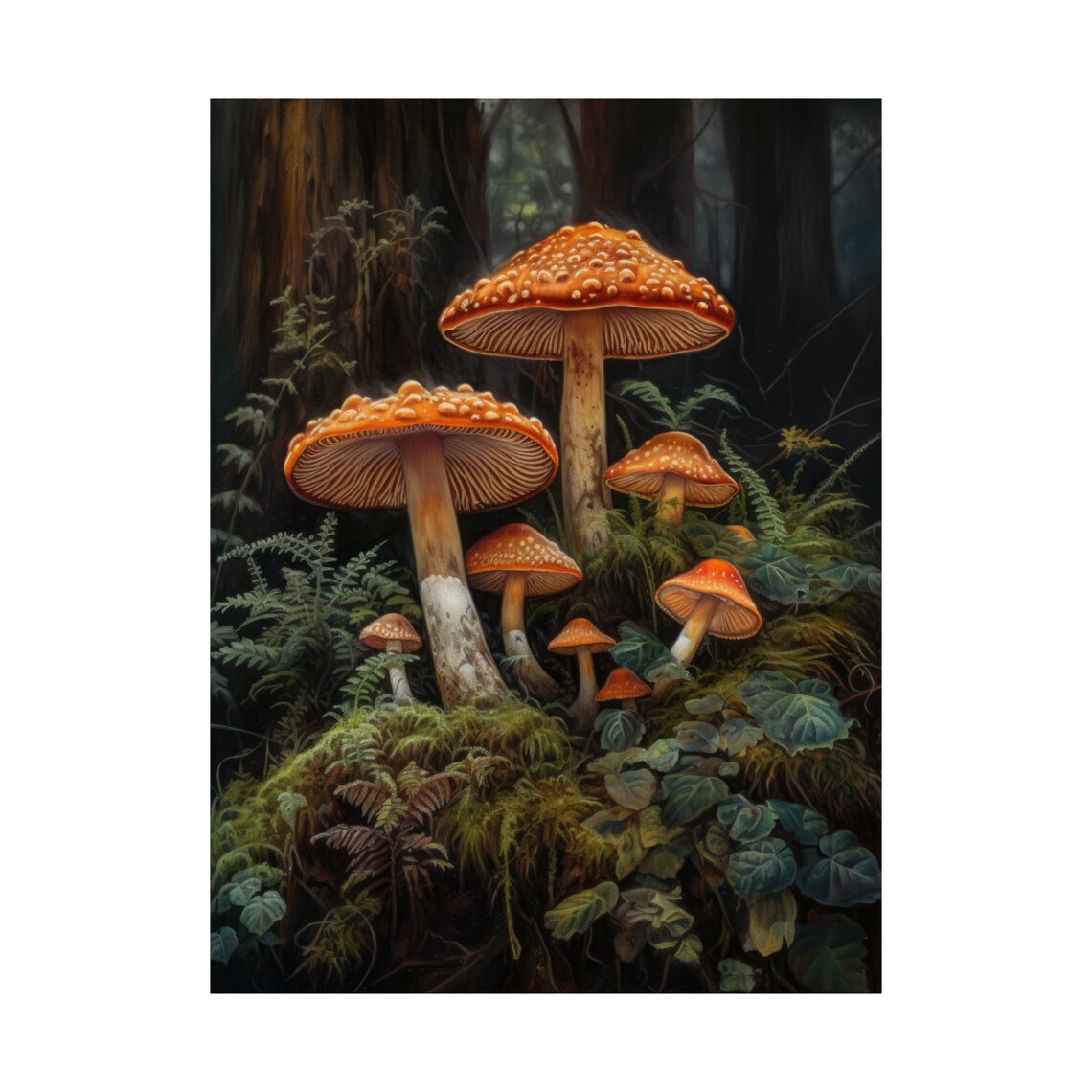 Bumpy Orange Shaggy Mushrooms Among Ferns Dark Woodland Art Poster - Image 4