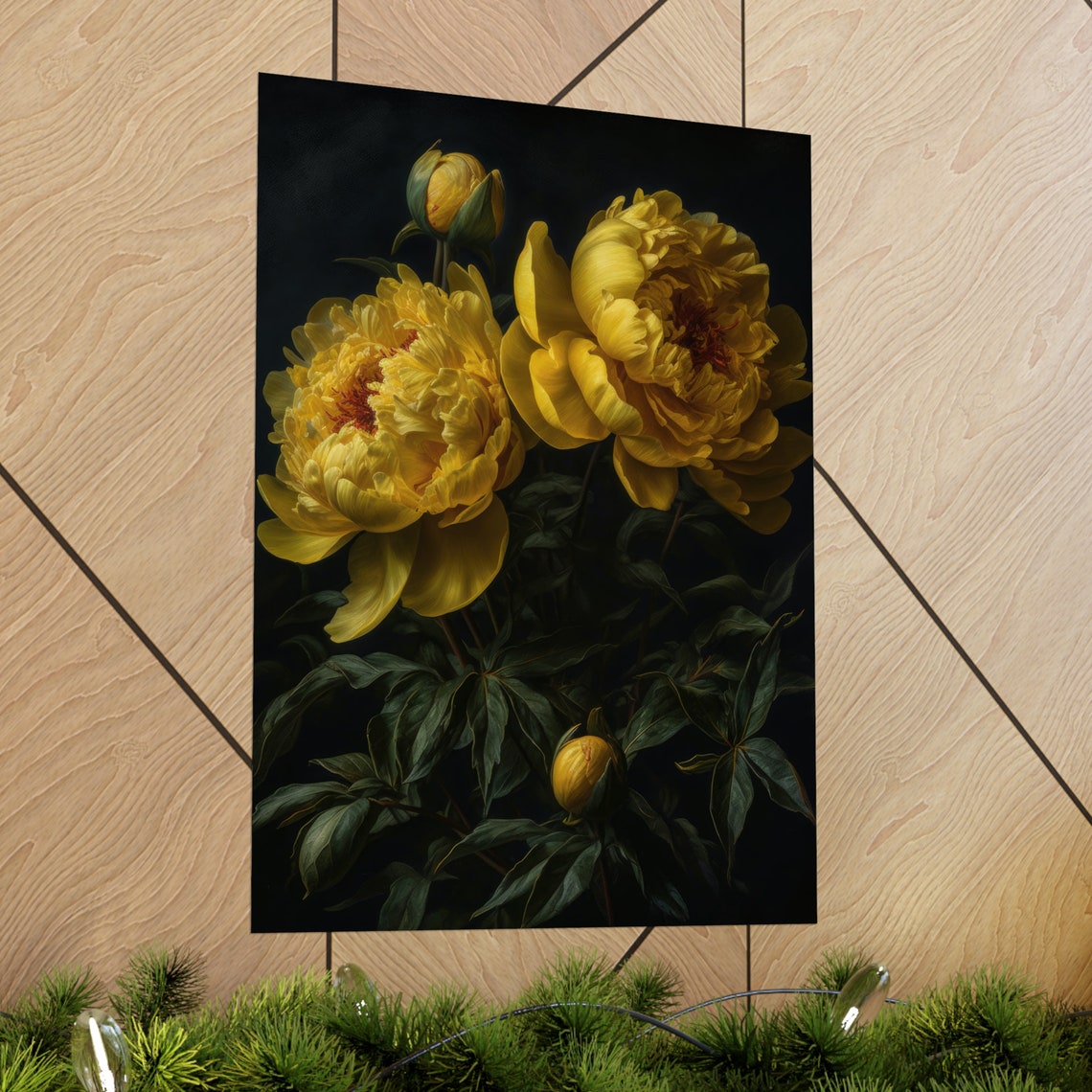 Yellow Peony Blossoms Golden Blooms Dark Botanical Still Life Poster - Image 2