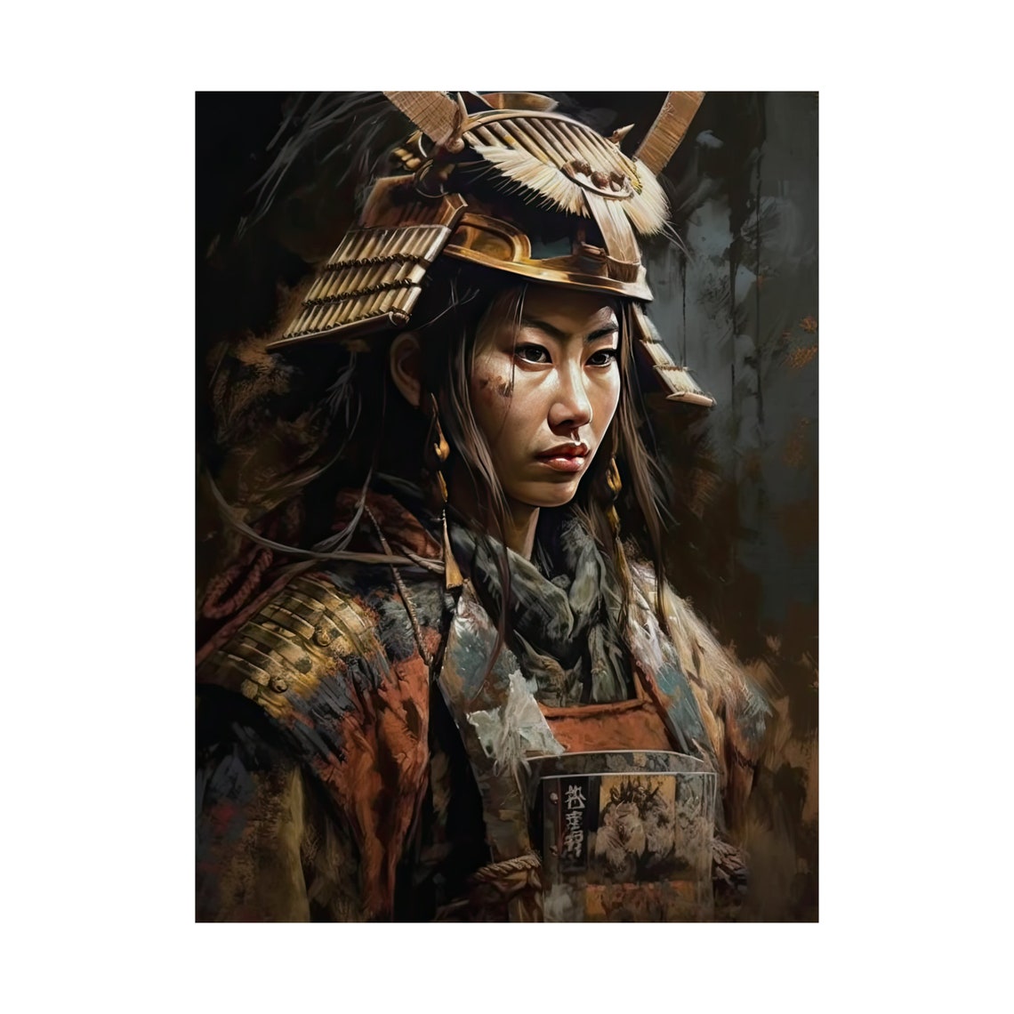 Female Samurai Warrior in Ornate Kabuto Helmet Oil Painting Art Print - Image 4