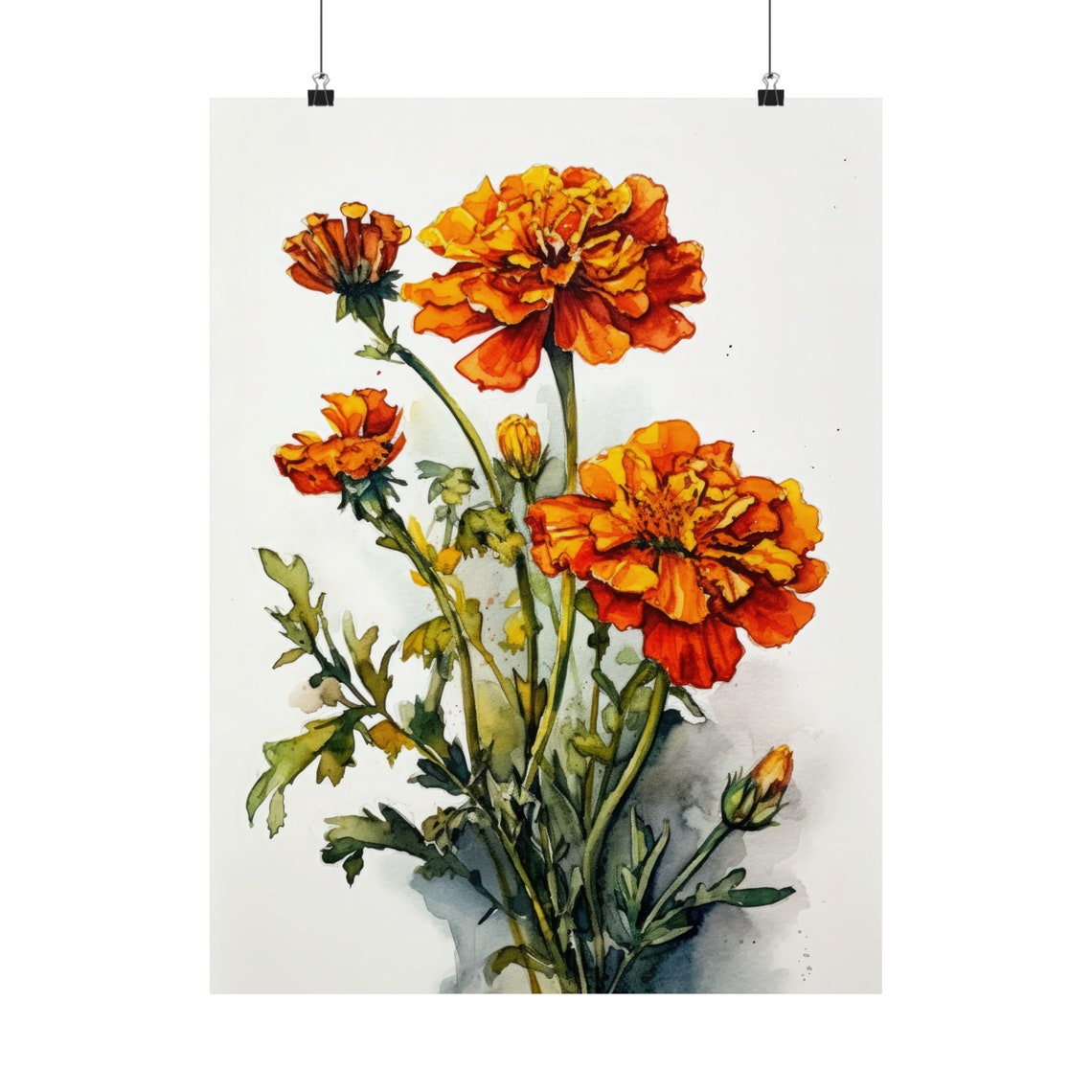 Orange Marigold Flowers Watercolor Botanical Floral Fine Art Poster - Image 4