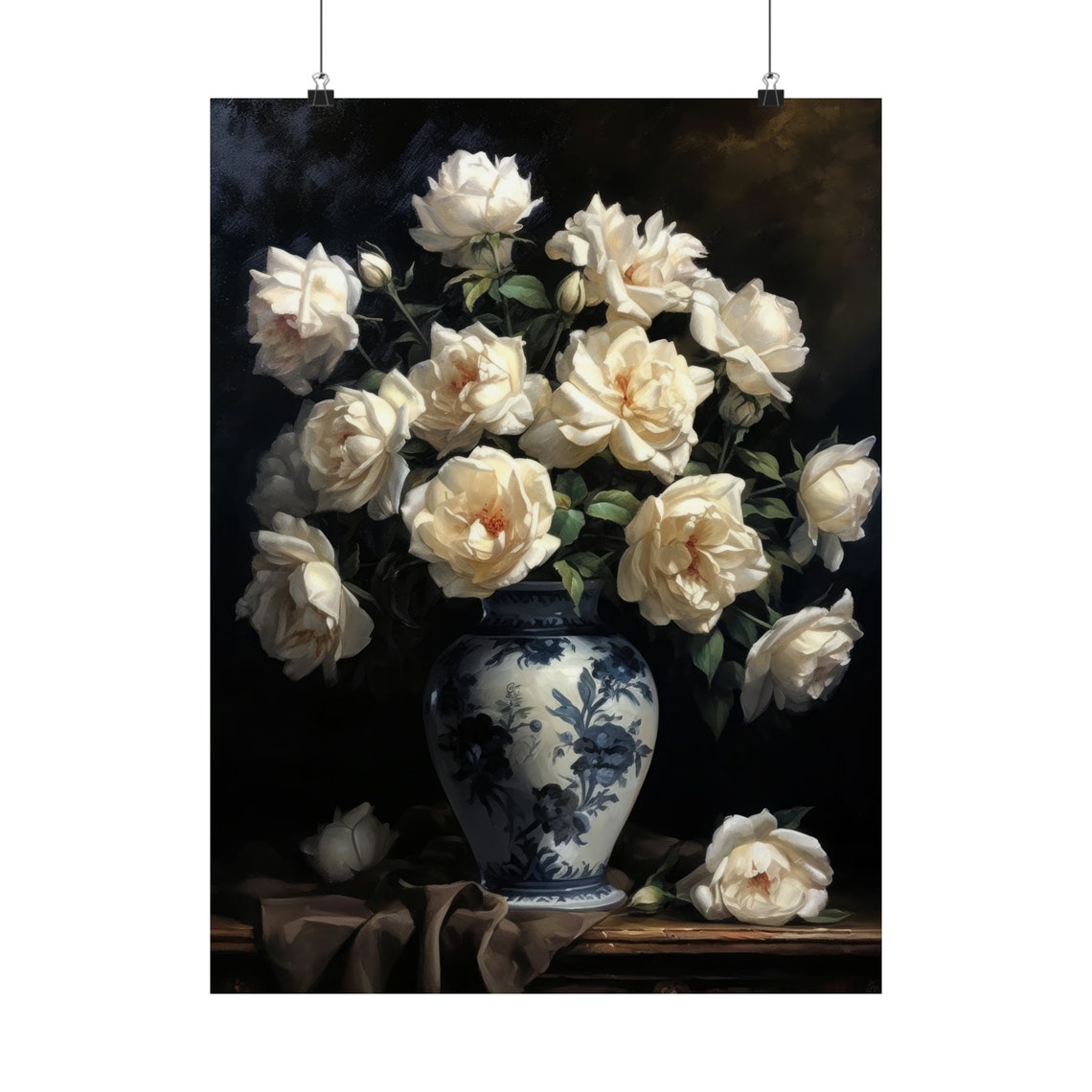 Cream White Roses Soft Blooms Blue Patterned Vase Still Life Poster - Image 5