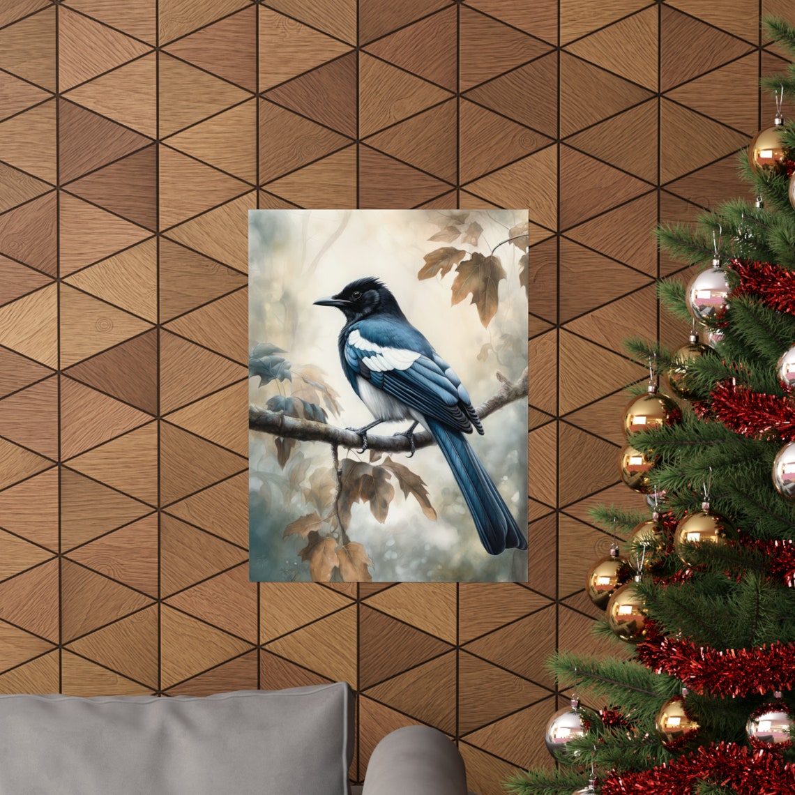 Black Billed Magpie Perched on Autumn Branch Watercolor Bird Poster - Image 3