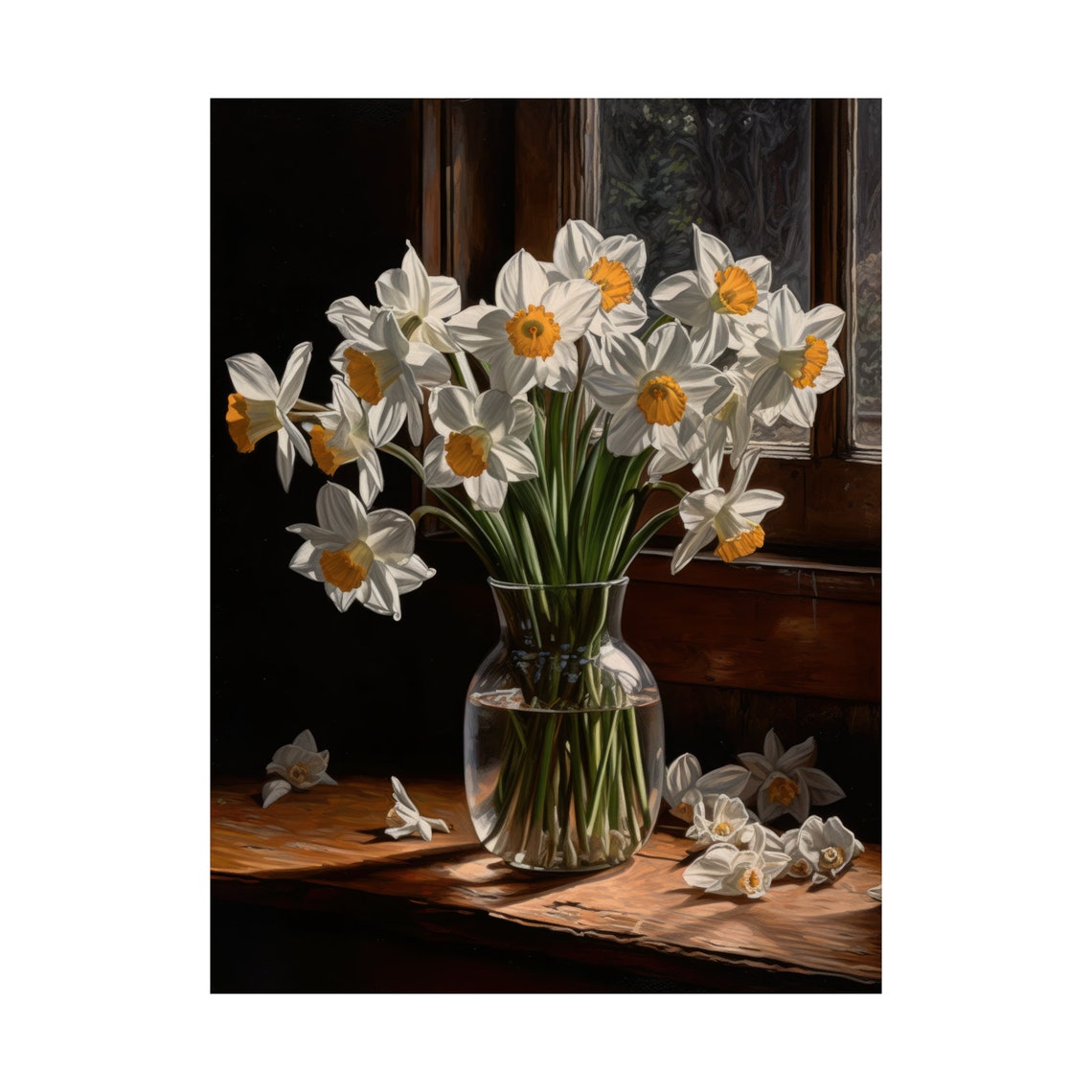 White Daffodil Bouquet Golden Centers Glass Vase Still Life Art Poster - Image 4