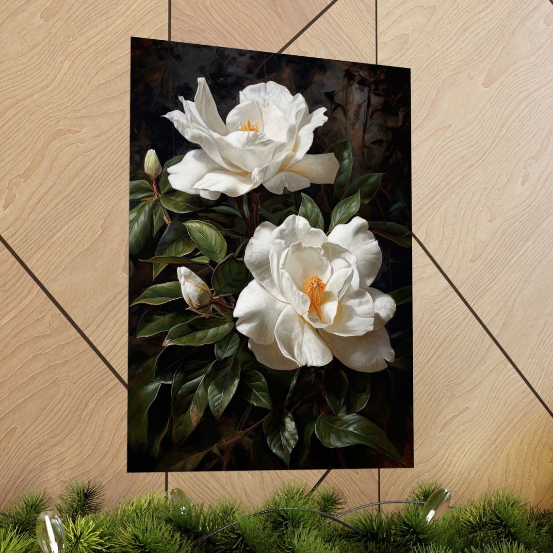 White Gardenia Flowers Glossy Leaves Pure Elegant Floral Art Poster - Image 2