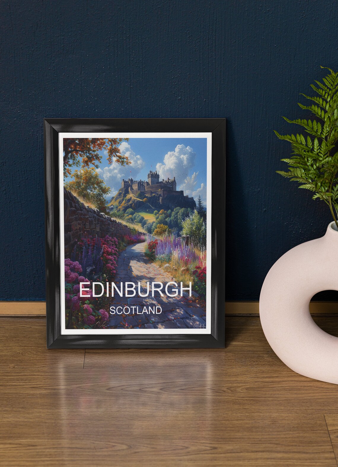 Edinburgh Scotland Castle Hill Flower Path Sunny Travel Poster