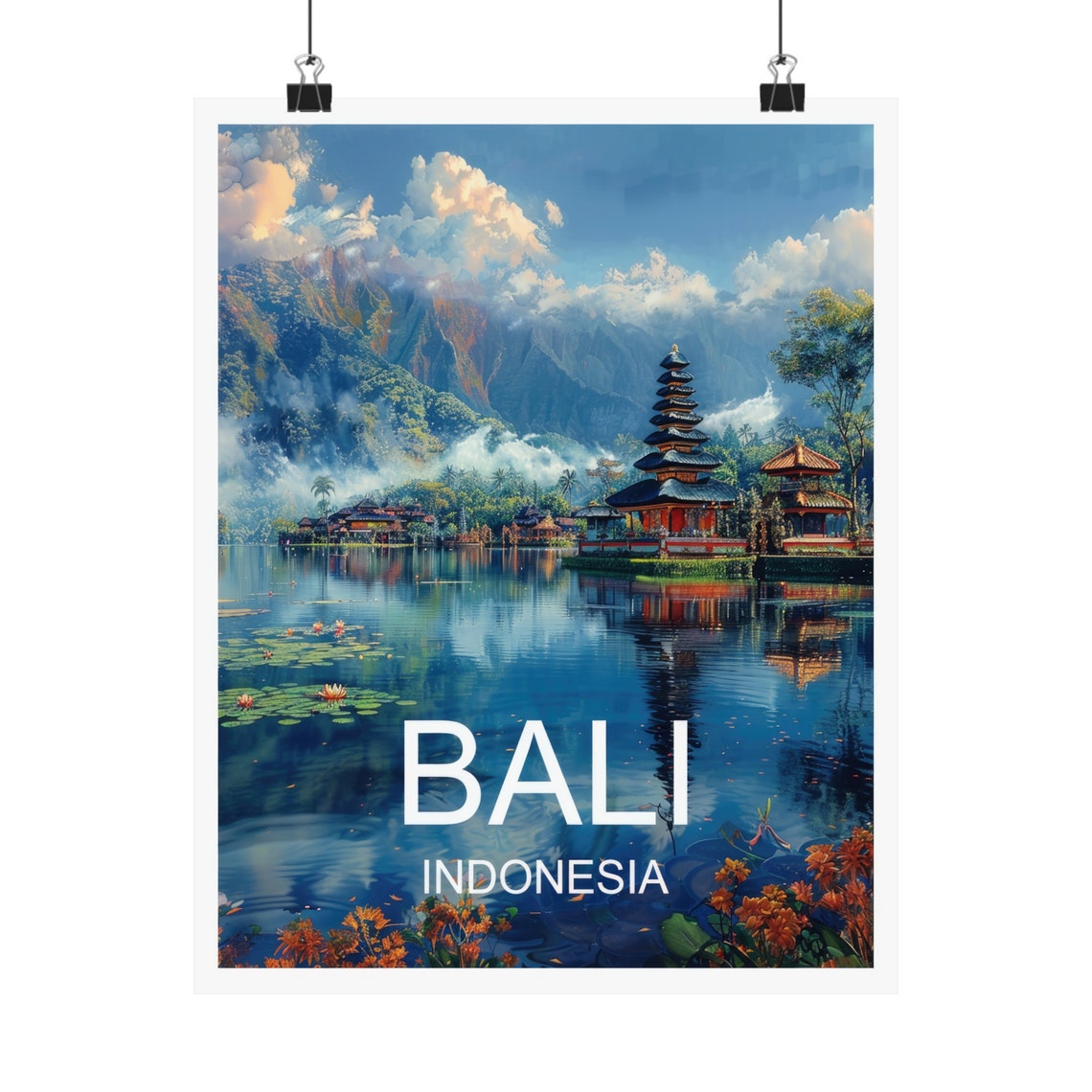 Bali Indonesia Lake Temple Mountain Reflections Travel Poster - Image 4