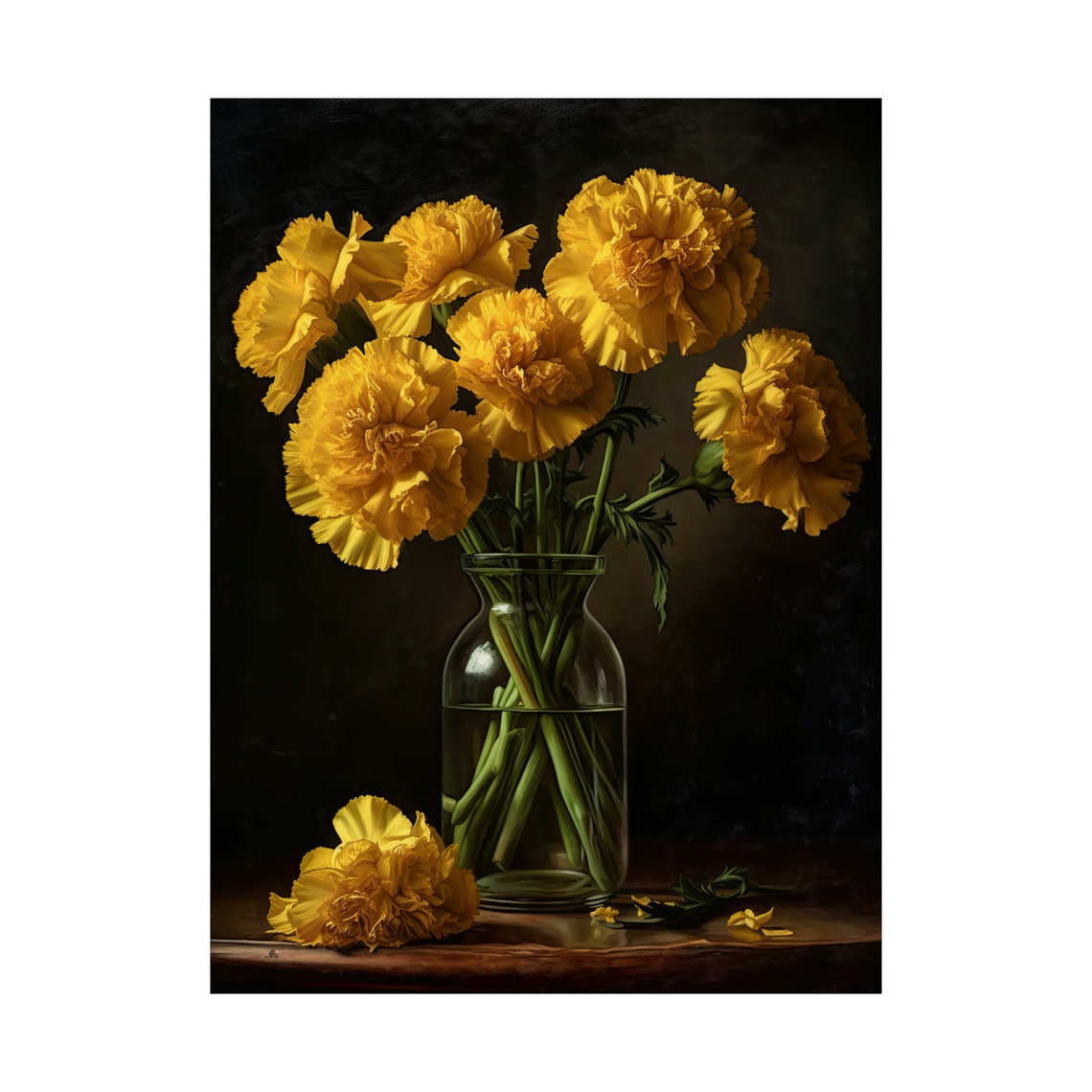 Yellow Carnation Stems Glass Bottle Vase Dark Still Life Art Poster - Image 4