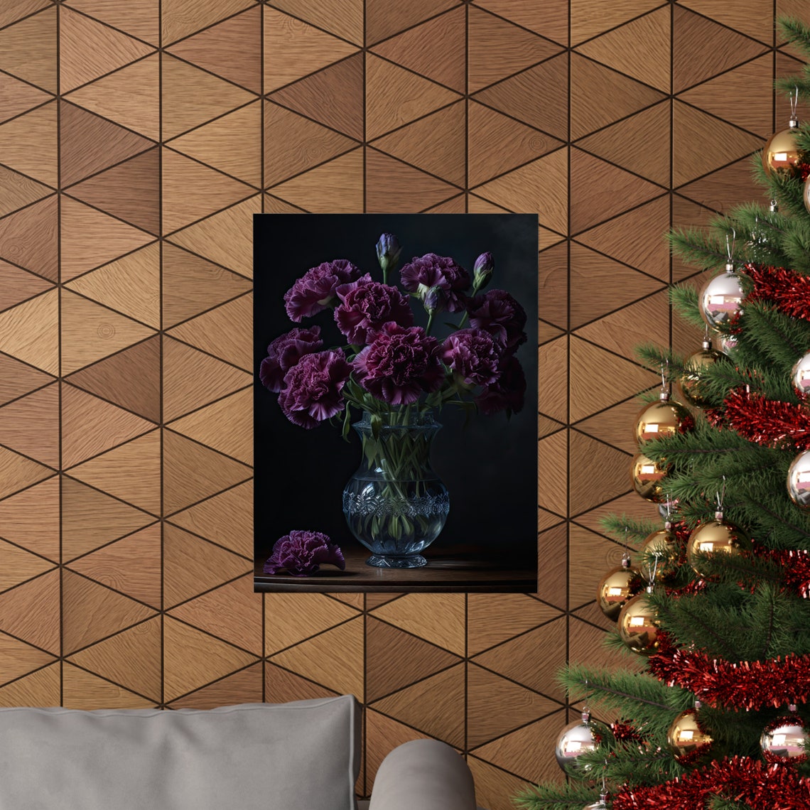 Purple Carnation Bouquet Crystal Vase Dark Moody Flower Art Poster - Image 3