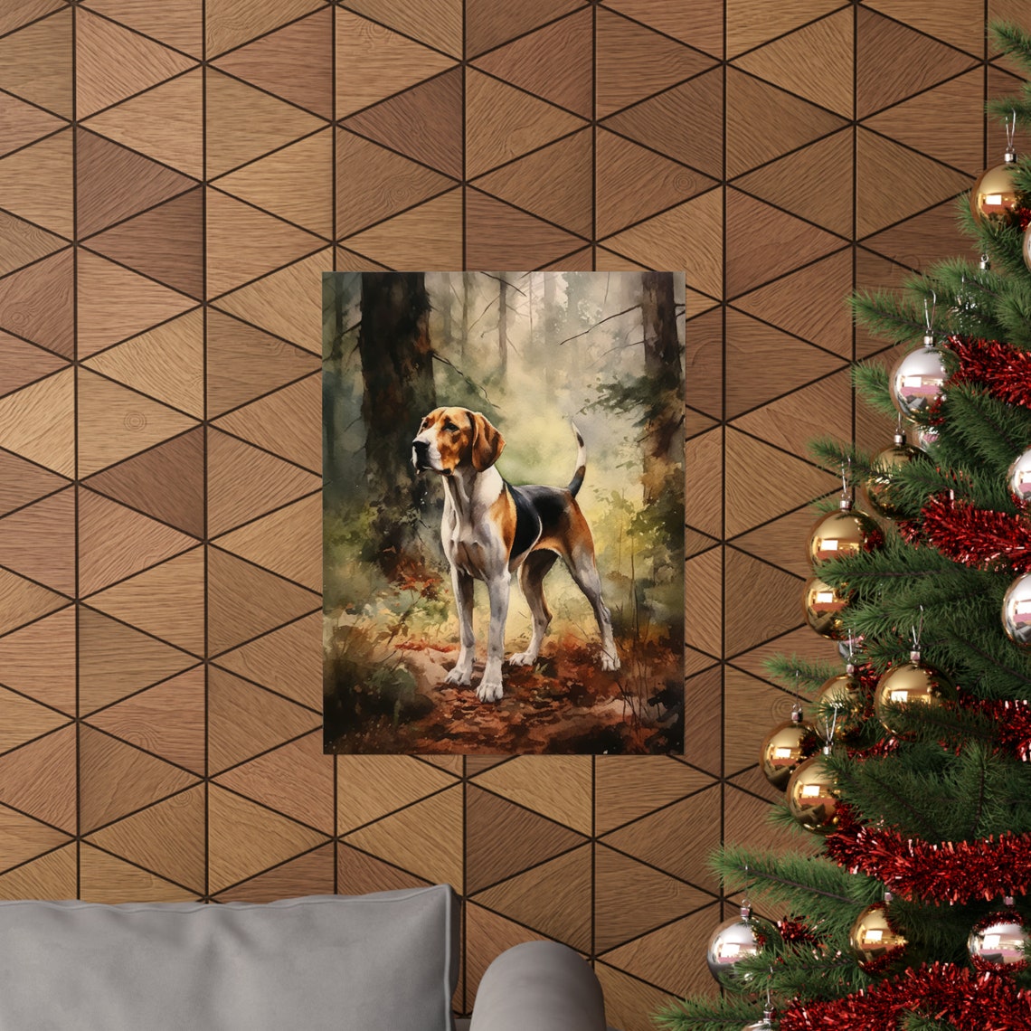 Treeing Walker Coonhound Standing In Autumn Forest Watercolor Poster - Image 3